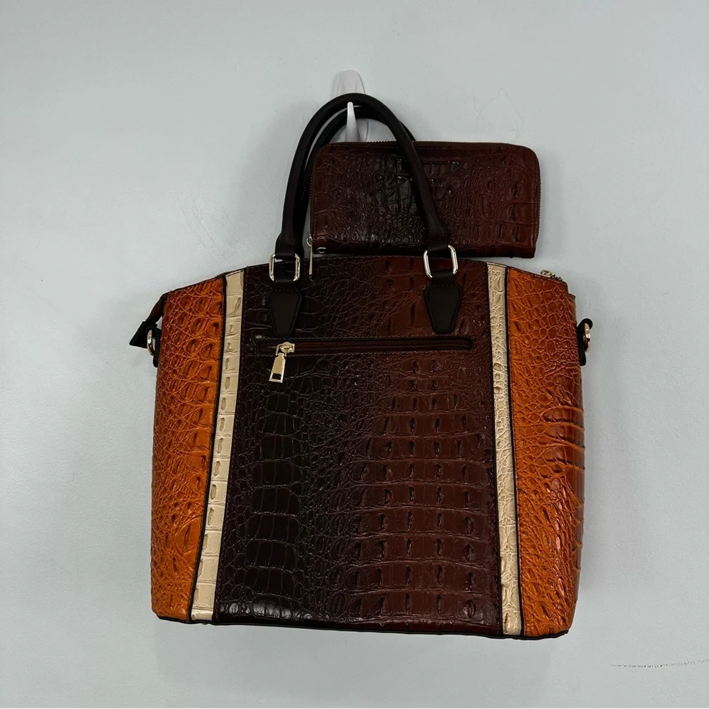 Unbranded Brown, Tan, Rust Colored Croc Embossed Faux Leather Tote & Wallet Set